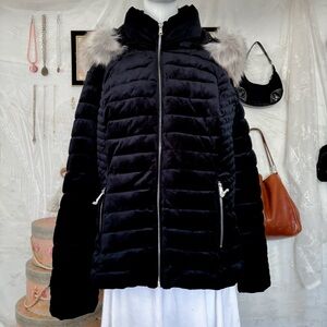 Grunge posh city girly fur trim hooded velvet puffer black jacket